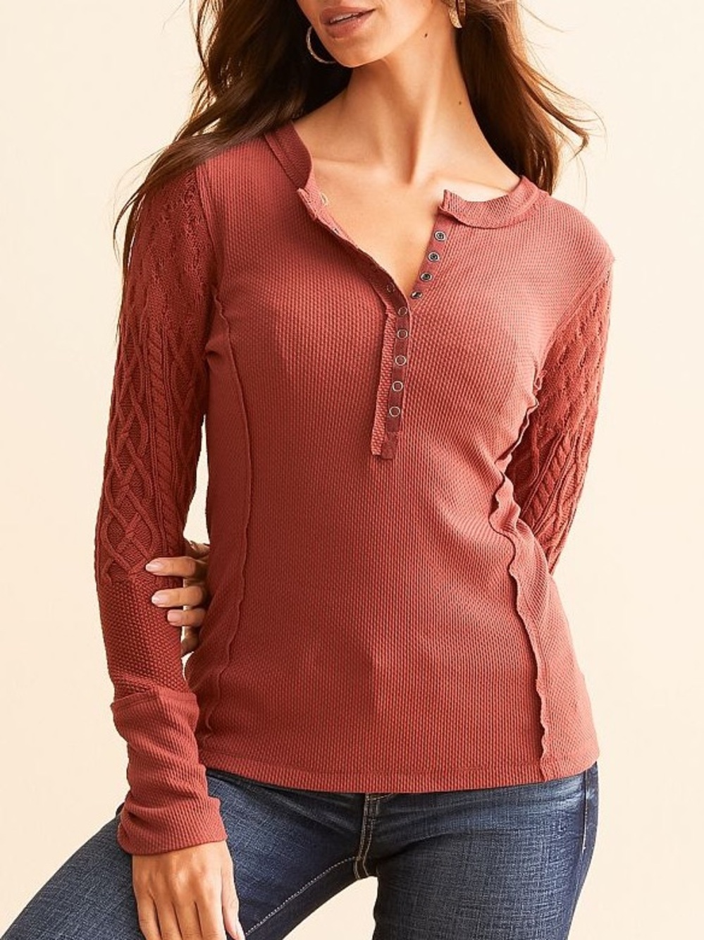 BKE Textured Knit Henley Top in Spiced Apple